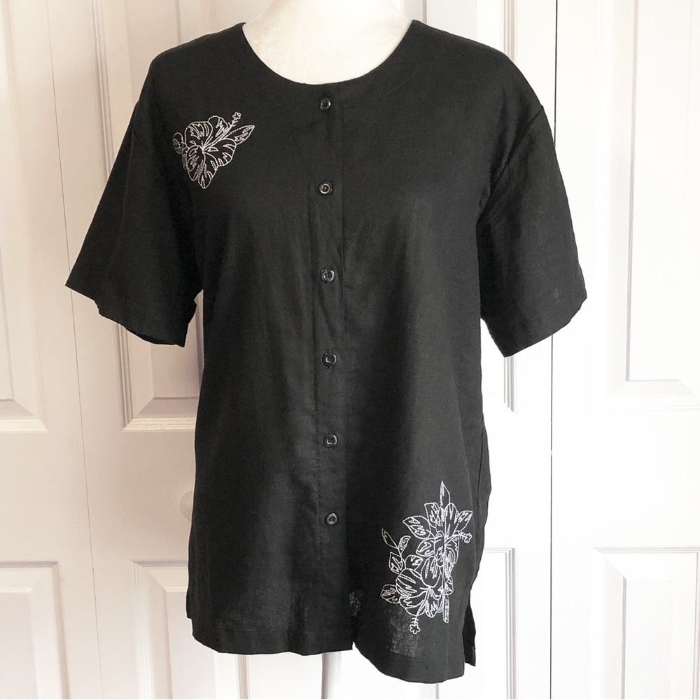 Vintage Nick & Sarah Black Embroidered Linen Blend Button Up Blouse Large